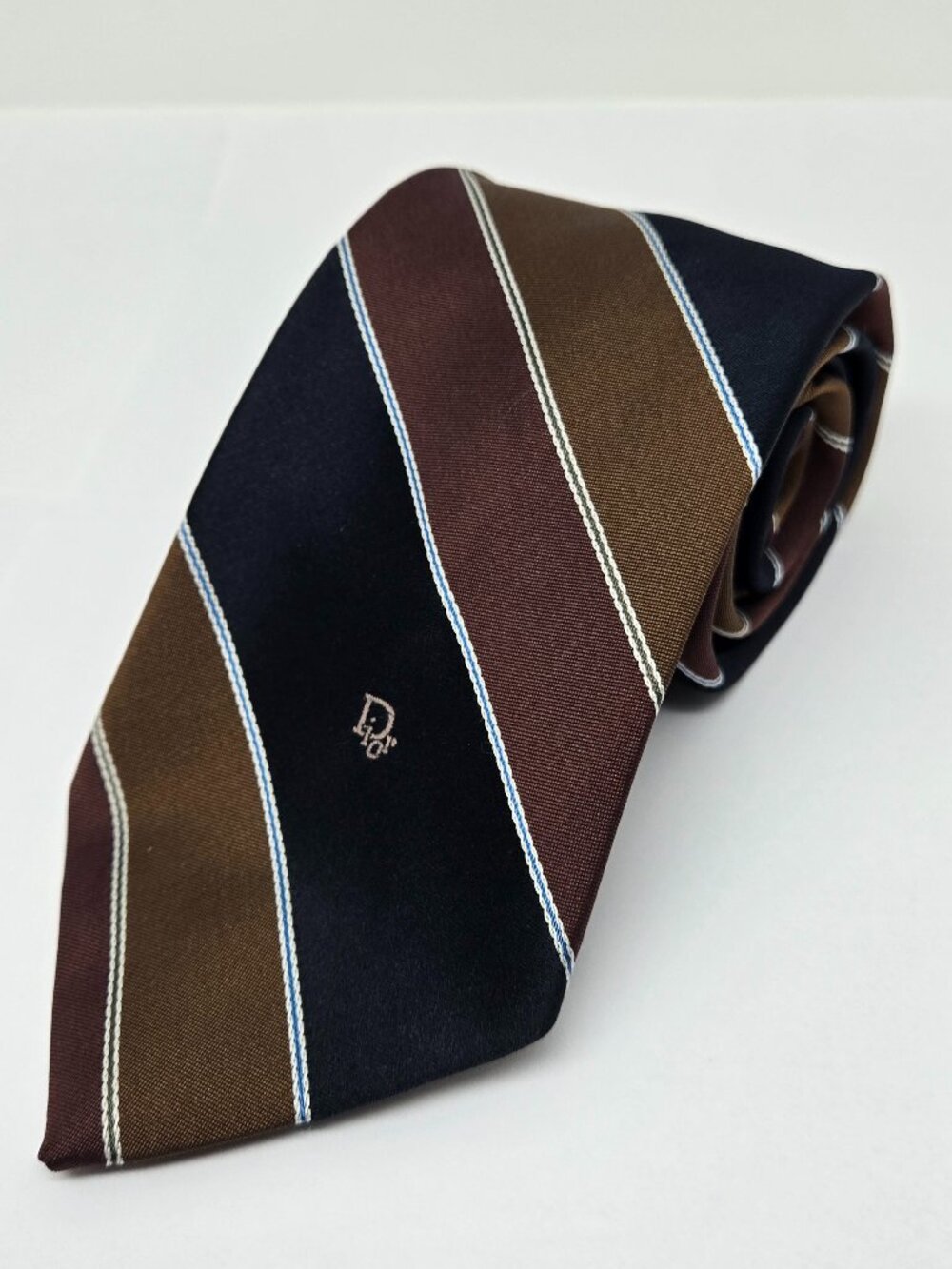 Christian Dior Polyester / Silk Mens Tie, Stripe, Brown, Burgundy, Navy, WPL-125